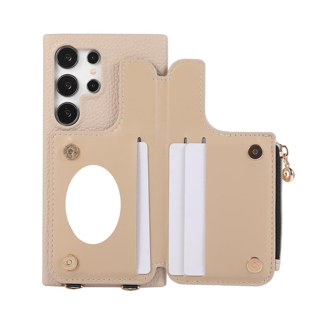 Zipper Cards Holder Leather Wallet Ring Makeup Mirror Case For Samsung Galaxy S24 Ultra S23 Plus S22 A15 A35 A55 A05 A25 Cover