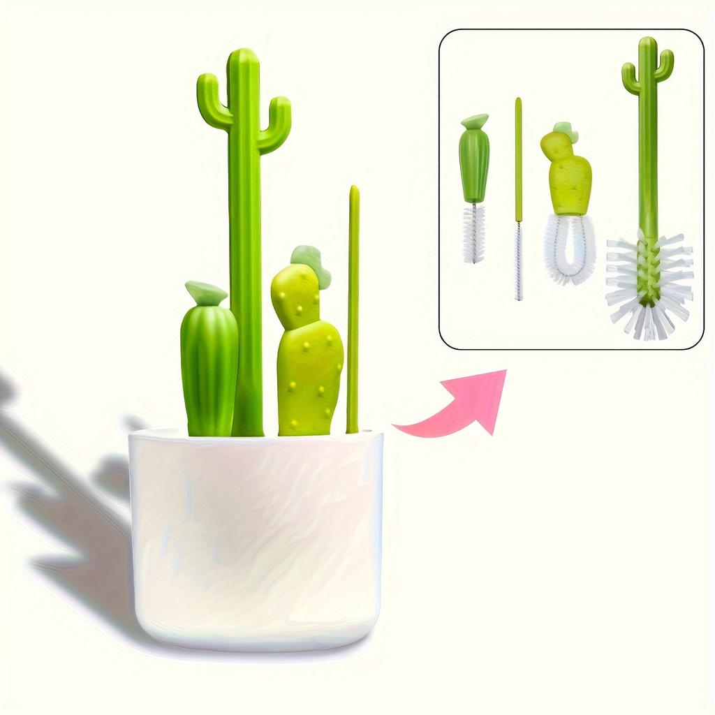 1set Durable Plastic Cactus Cleaning Brush Set - Multi-Purpose, No Dead Corner Design, Includes Cup Brush, Bottle Cleaning Brush, Stain Removal Brush