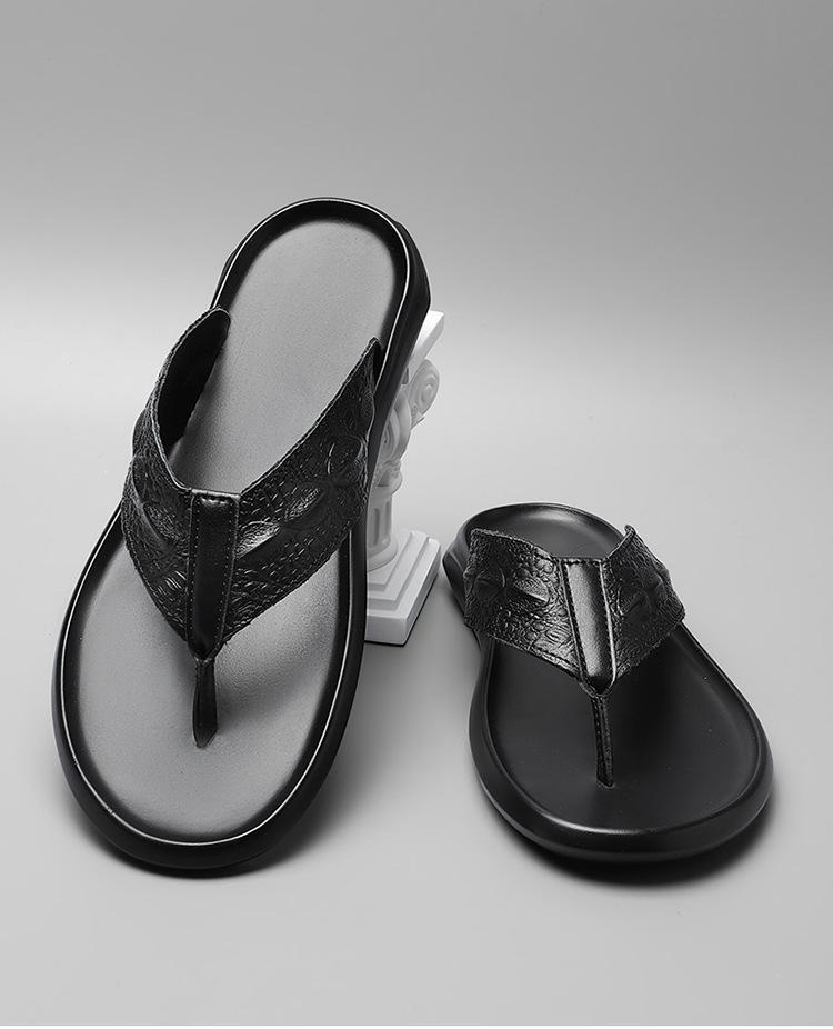 Men's Genuine Leather Toe Post Flip-Flops: Casual Embossed Summer Sandals