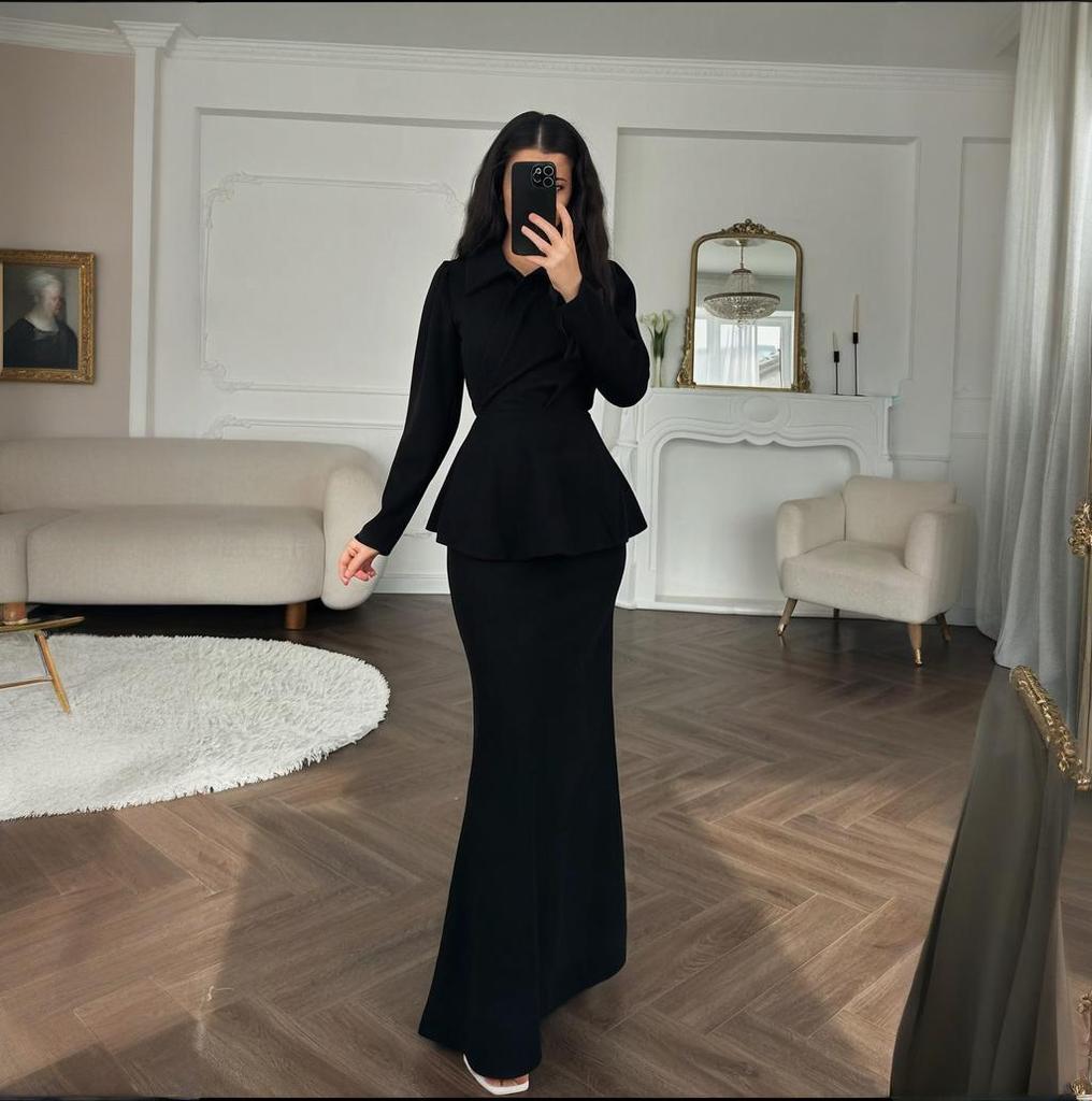 2025 cross-border European and American autumn new lapel temperament commuter top waist hip wrap one step skirt women's clothing
