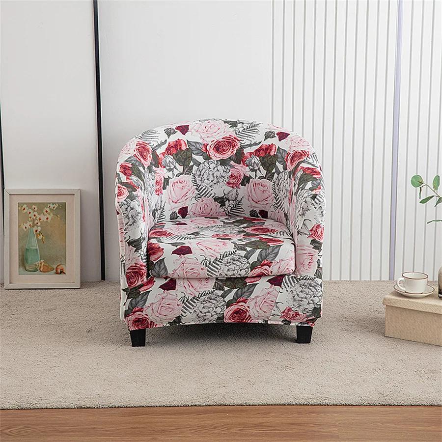 Spandex Tub Chair Cover Flower Print Club Armchair Slipcover Elastic Washable Seat Case Protector for Living Room Home Decor
