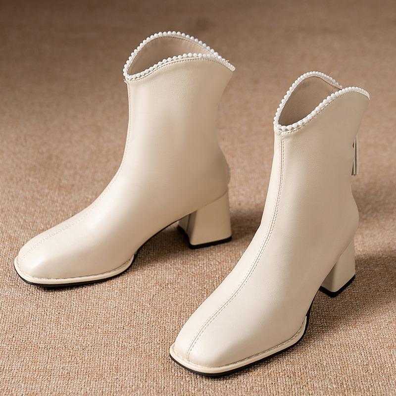 Fashion Square Toe Block Heel Booties Winter New Beaded Rear Zipper Anti-Slip Wear-Resistant High Heel Boots