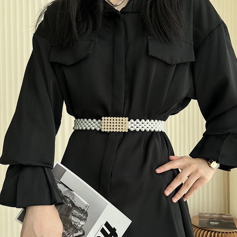 Ladies' Elastic Thin Waistband With Pearl  Waist Chain Simple Korean Style Drawstring Belt Women Apparel Accessories