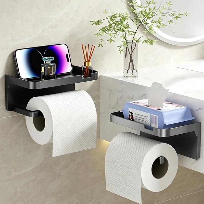 No-Drill Bathroom Toilet Paper Holder with Shelf, Wall Mounted Tissue Roll Dispenser for Bathroom, Multi-Functional Storage Rack