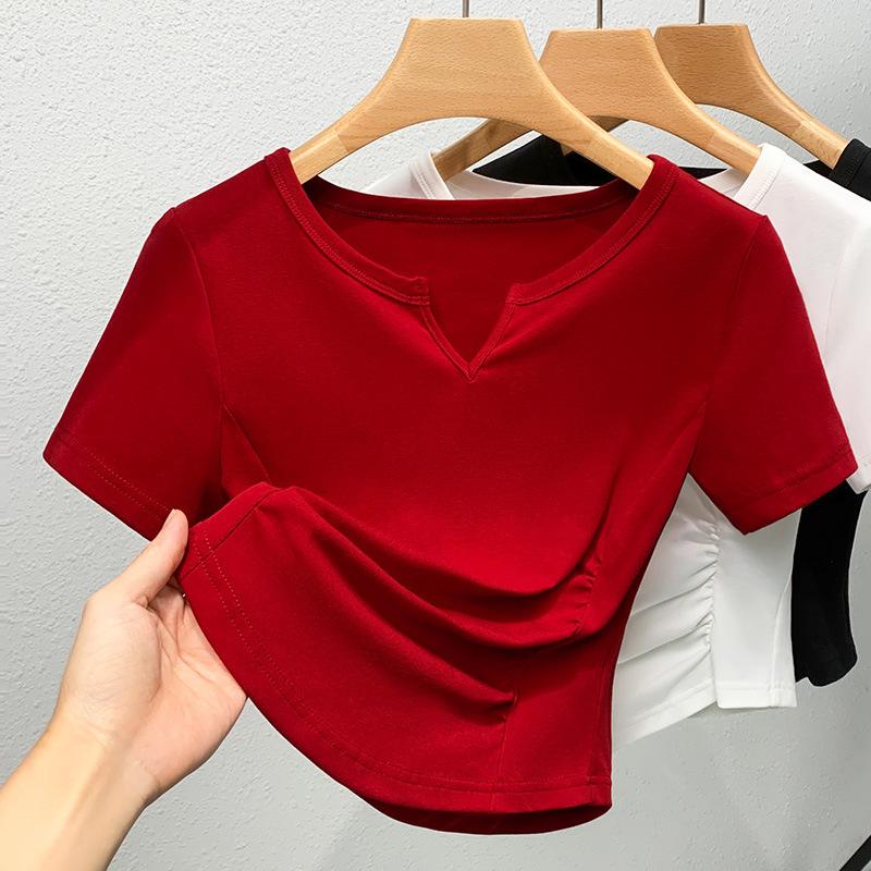

Футболка с короткими рукавами для женщин, новая женская одежда, маленькая хлопковая футболка с V-образным вырезом, изогнутый подол, плиссированный топ с короткой талией 3XL красный