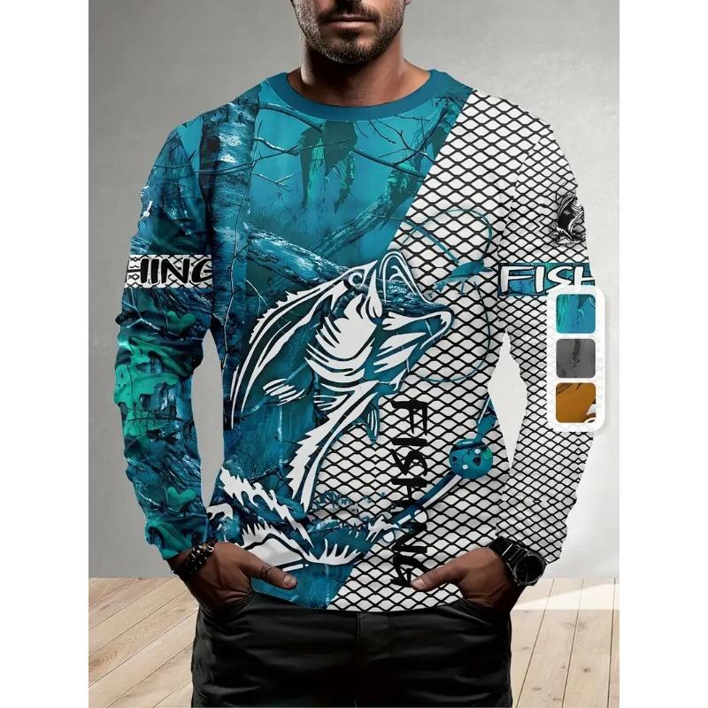 Outdoor fishing 3D fish print men's casual loose round neck long sleeved T-shirt