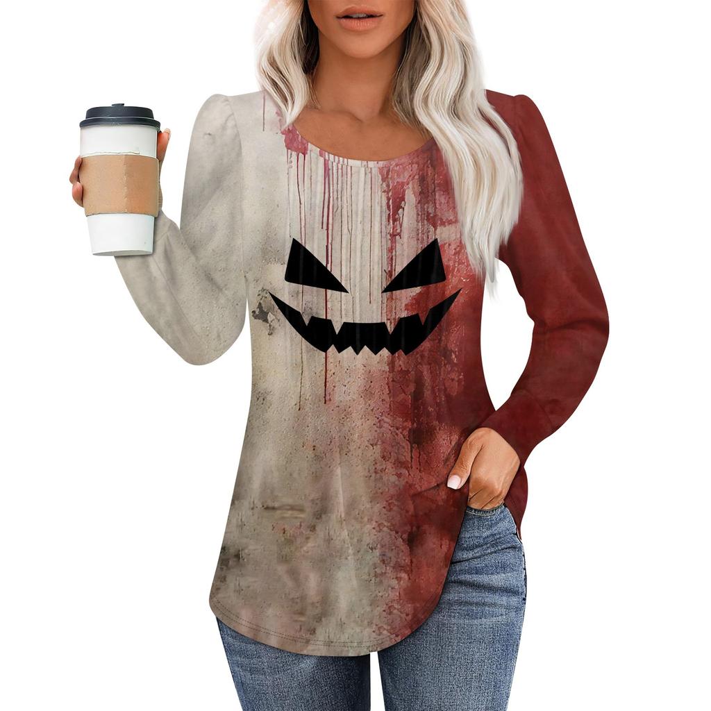 Women's Casual Top Halloween Printed Round Neck Long Sleeved Pleated T-shirt