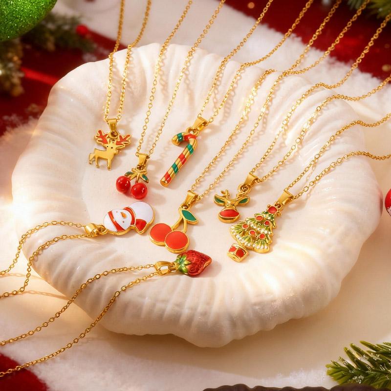 Stainless Steel Colorful Oil Drop Pendant Necklaces Enamel Christmas Tree Bell Santa Snowflake Necklace for Women Jewelry Gift