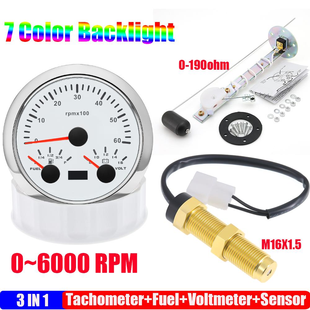 85mm Auto Car Gauge 3-in-1 Tachometer Fuel Level Voltmeter 7 Color Light Multimeter with Sensor 0-190ohm Boat/Yacht 12V