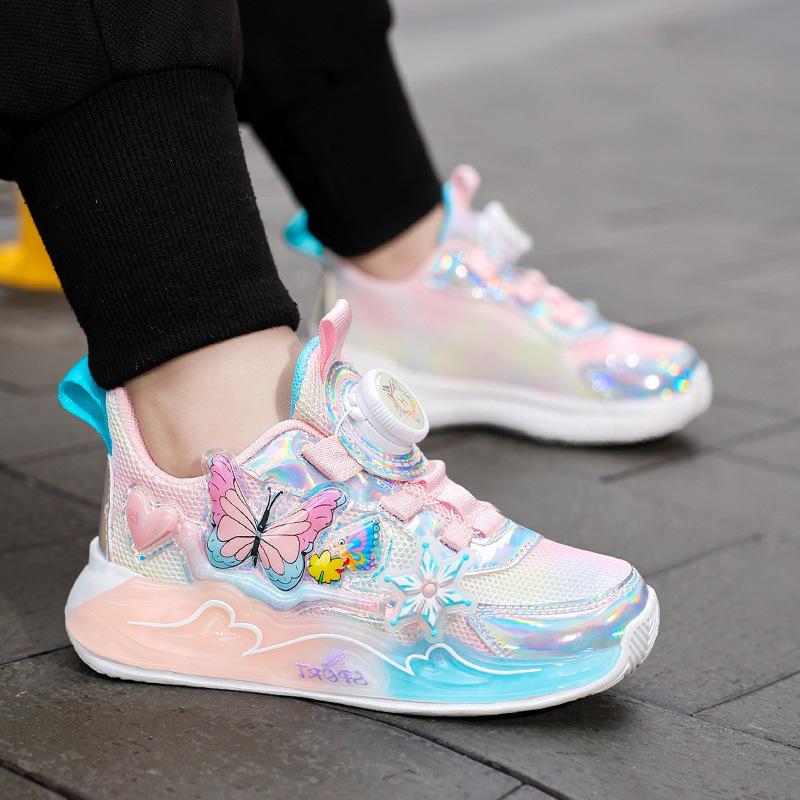 Atmungsaktive Netz-Sportschuhe für Mädchen 2025: Weiche Sohle, Leder, Wasserdicht, Drehverschluss für mittelgroße und große Kinder