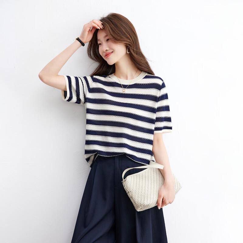 Srcr Women's Mulberry Silk Blend Striped Knit Short Sleeve T-Shirt