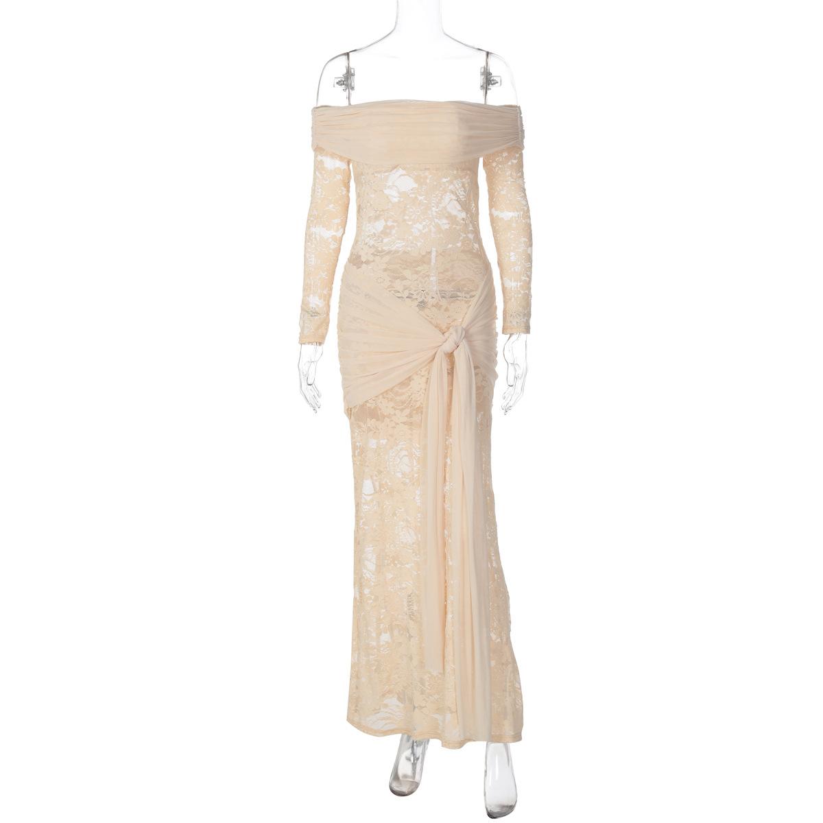 Womens Off Shoulder Long Sleeve Lace Splice Tie Waist Bodycon Long Dress S