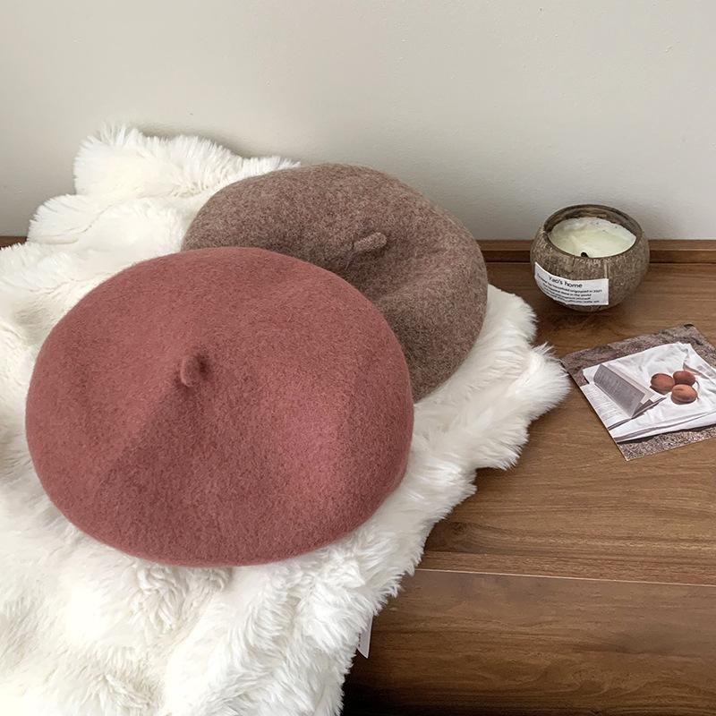 

Beret Female Autumn Winter British Vintage Candy Color Bud Painter Hat Solid Color Big Head Wool Hat сапфіровий