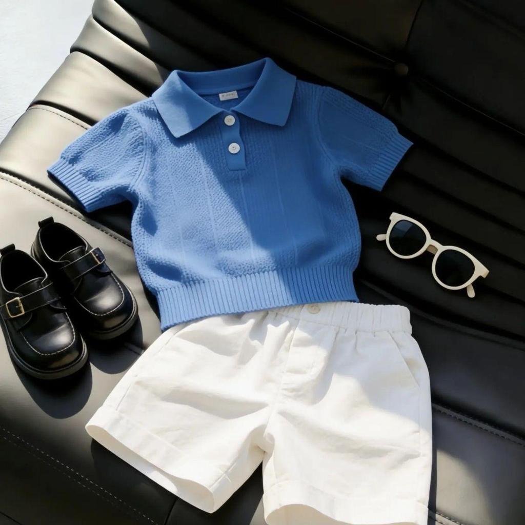 2026 Boys' Korean Style Summer Set: Handsome Hollow-Out Polo & Casual Shorts Two-Piece