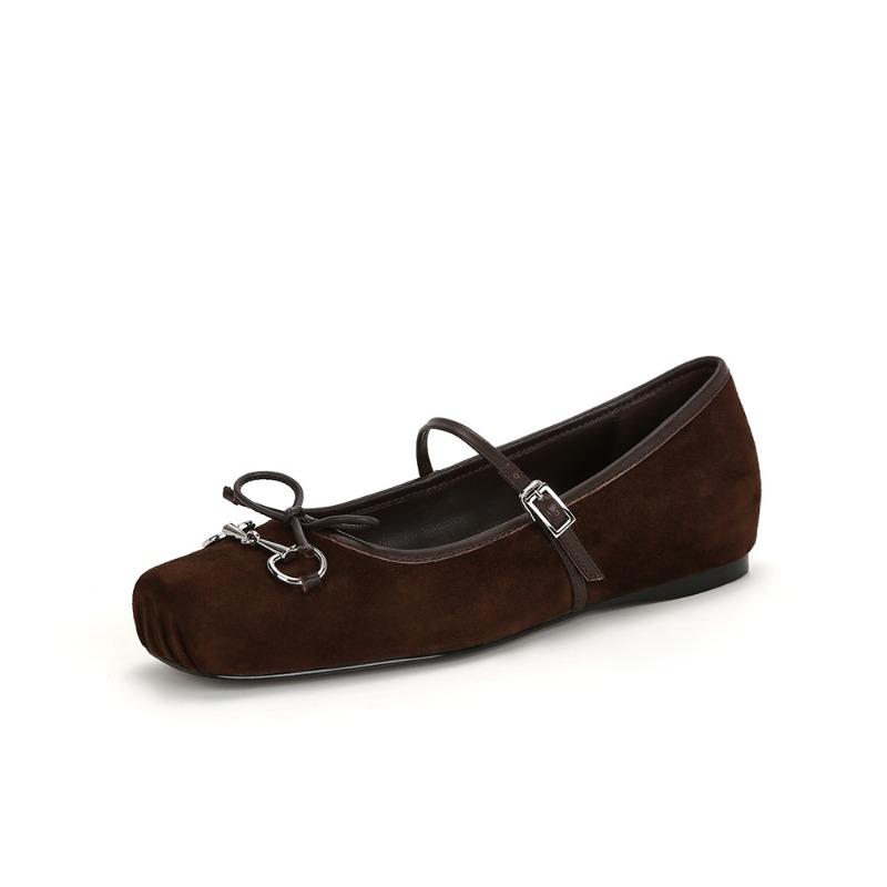 Sheepskin version~ Horse buckle pig nose single shoes bow flat ballet shoes women's Mary Jane shoes