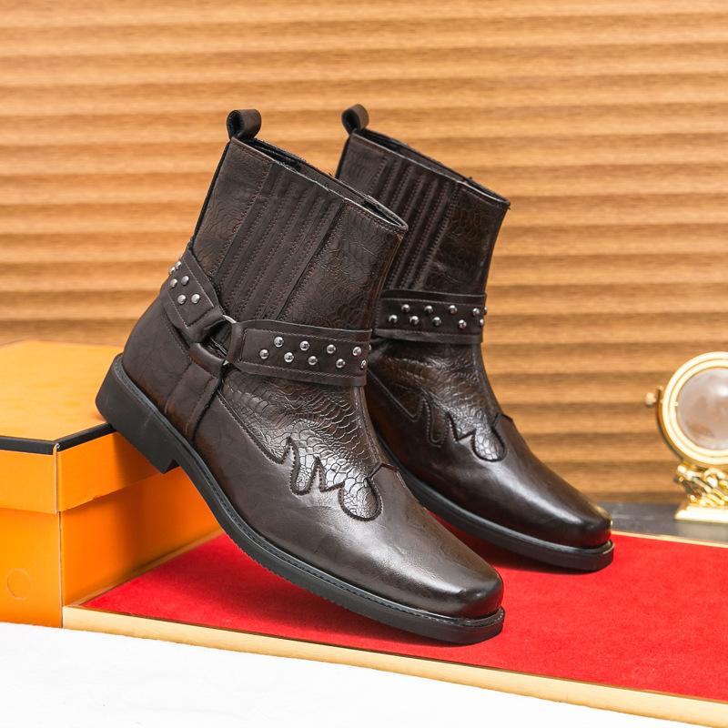 Factory Foreign Trade New European and American Men's Short Boots Embroidered Thick Heel Retro British Martin Boots High-top Locomotive Boots