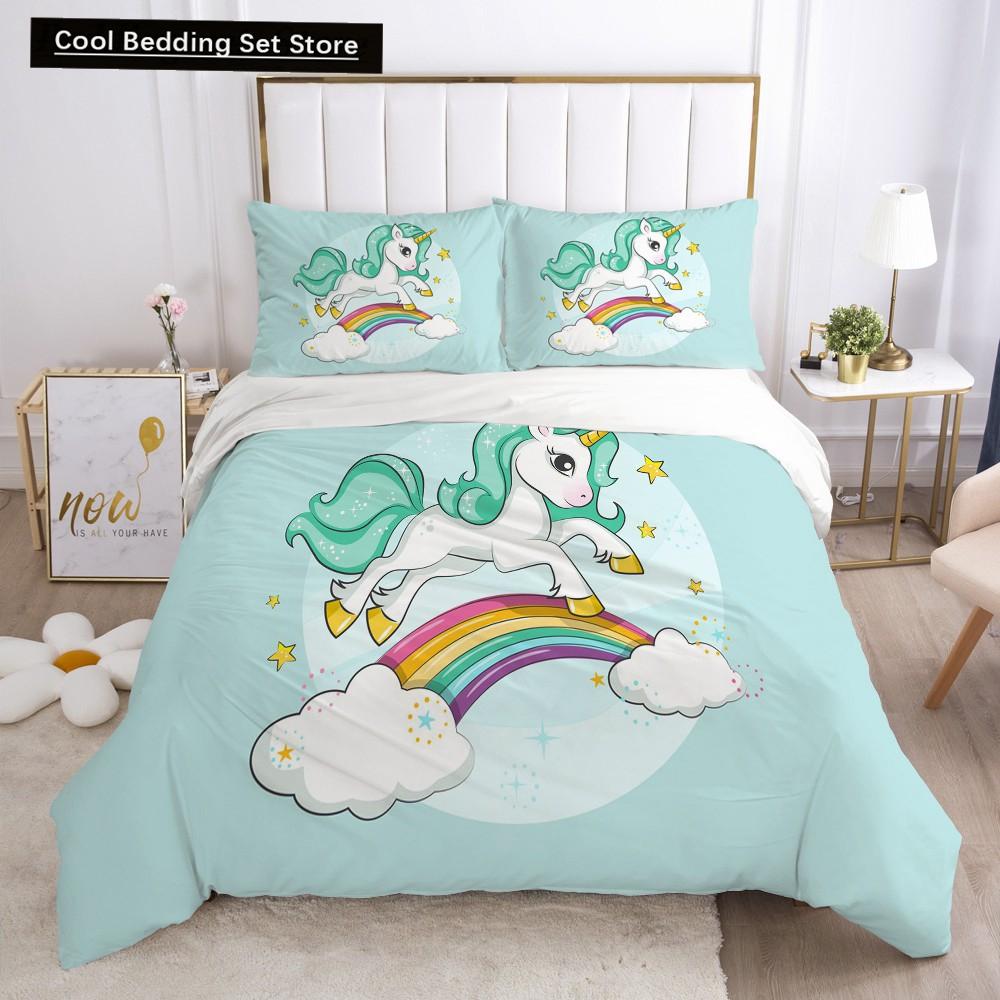Children Kids Baby Pink Bedding Set Queen King Cartoon Unicorn White Duvet Cover Twin Full Colorful 2/3pcs Polyester Quilt Cover