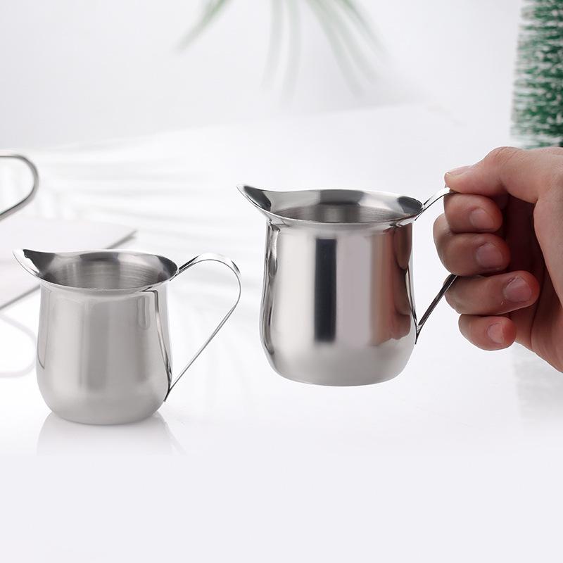 Set of 4 Stainless Steel 3 oz Milk Creamer Cups with Pointed Spout, 90ml Latte Art Cups for Coffee Mixing.