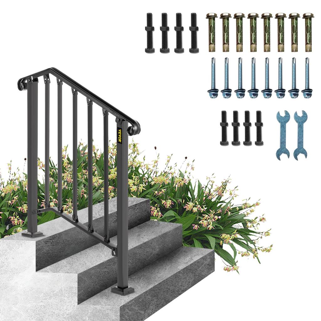 Stair Railing Wrought Iron Entrance Railing Suitable for 2 to 3 Steps for Outdoor Black