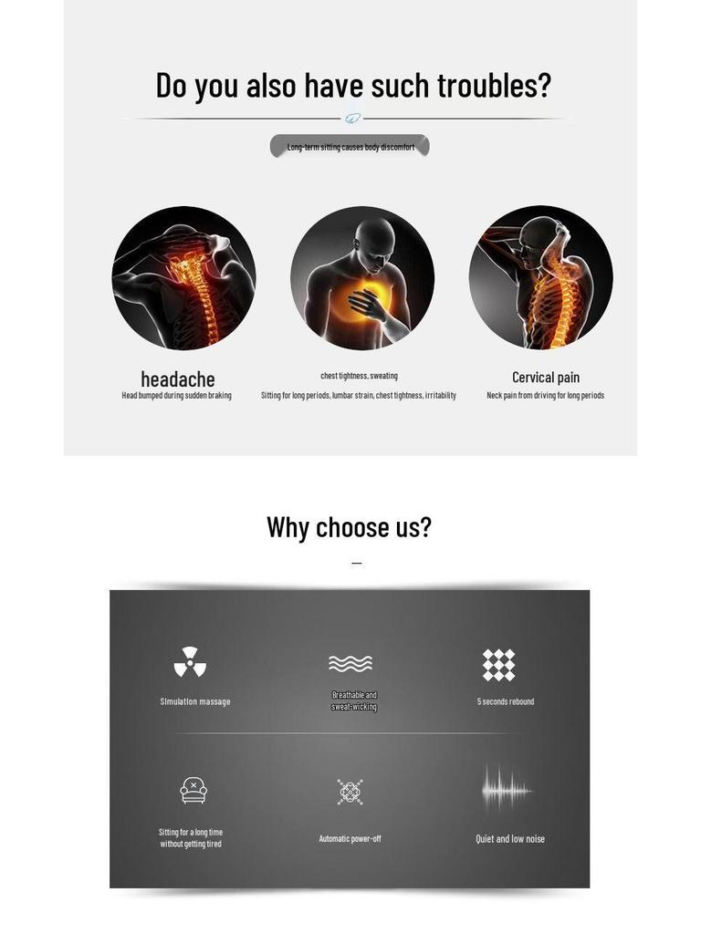 Electric Massage Memory Foam Car Lumbar Support Cushion & Headrest Set