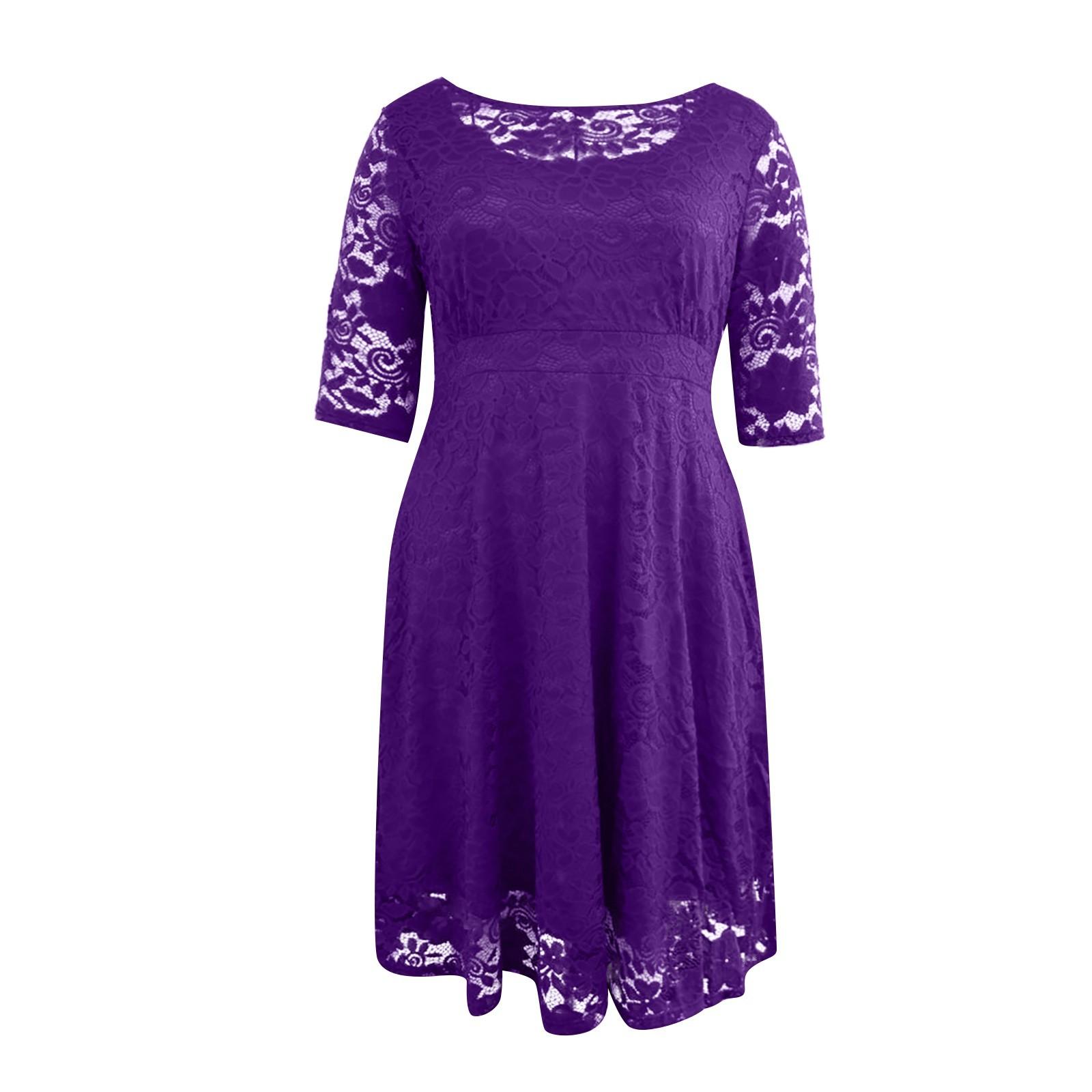 

Women s Temperament Three-quarter Sleeve Lace Casual Solid Color O-Neck Plus Size Dress XXXXL фіолетовий