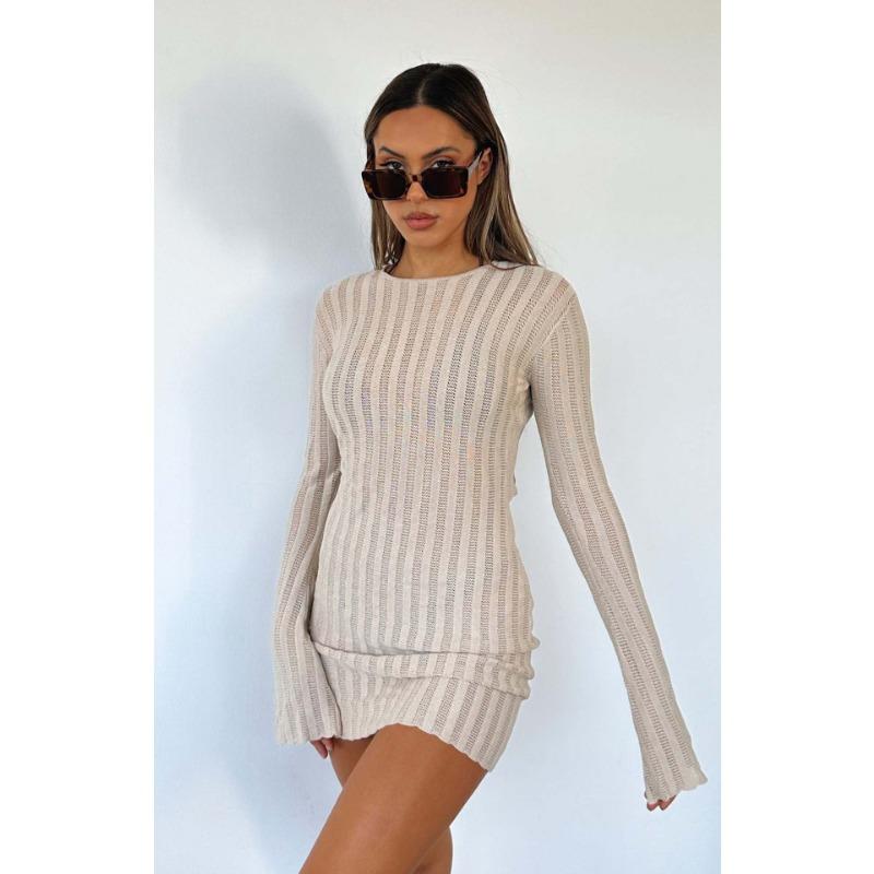 

Весенне-осеннее женское сексуальное платье-свитер с длинными рукавами и шнуровкой S бежевый