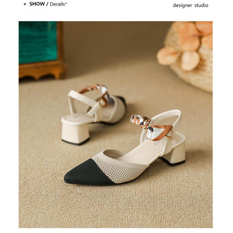 

Baotou sandals women s summer thick heel elegant ribbon pointed head through hole breathable fly knitting shoes knitted one-word belt high heels day 40