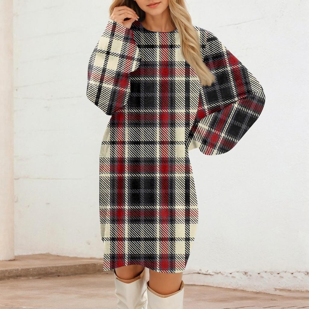 Women's Round Neck Casual Long Sleeve Plush Dresses