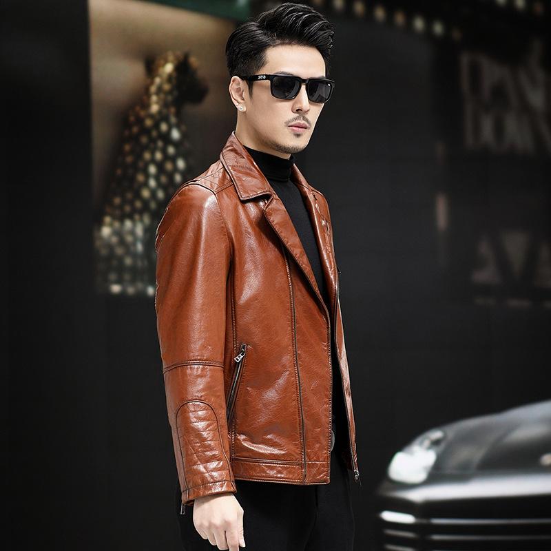 Genuine Leather Jacket Men's Slim Calfskin Motorcycle Leather Jacket Men's Genuine Leather Short Suit Collar Leather Jacket Thin Coat