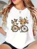 Womens Vintage Floral Butterfly Print Bicycle TShirt Round Neck Sleeve Blouse Breathable Summer Spring Fall Casual Top with
