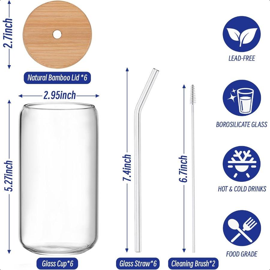 

6 шт. Стеклянные стаканы с крышками и соломинками 16 унций Набор стаканов для питья в форме банки Стакан для холодного кофе Пивные бокалы Тамблер для сока Газировка С United States