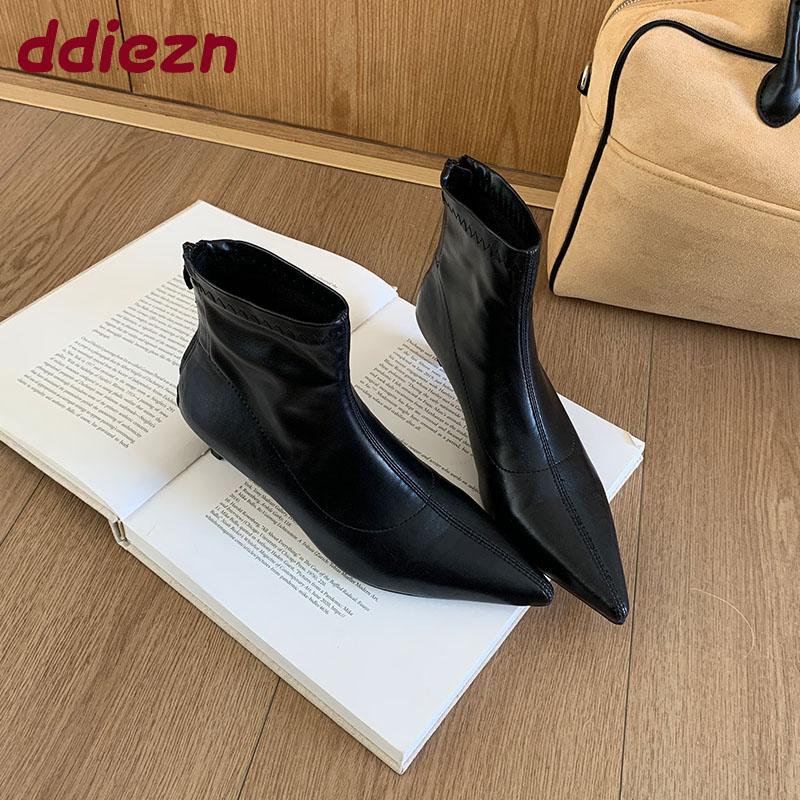 Fashion Female Low Heel Women Stretch Ankle Boots Zippers Shoes Fashion Pointed Toe Sexy Ladies Short Modern Boots Shoes Pumps
