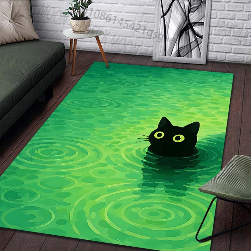 Multiple sizes Black cat in green water with ripples Print Carpet for Living Room Bedroom Sofa Home Decor Non-slip Mat Gift