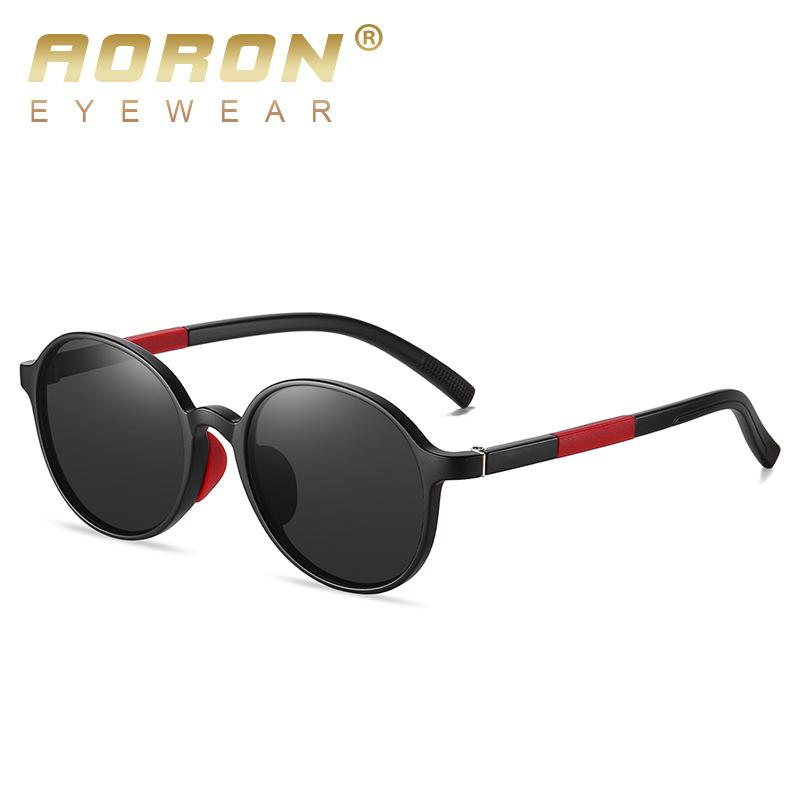 Брендовый дизайн AORON TR90, поляризационные солнцезащитные очки в круглой оправе, модные классические уличные детские очки чёрный