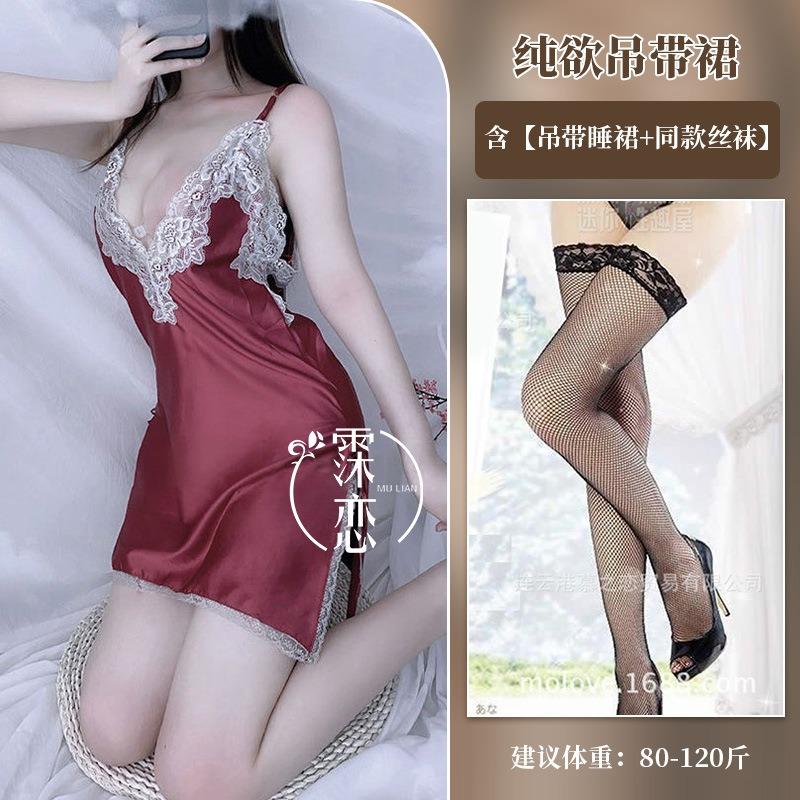 Sex underwear hollow lace suspender burgundy pure desire side split bow sexy hot