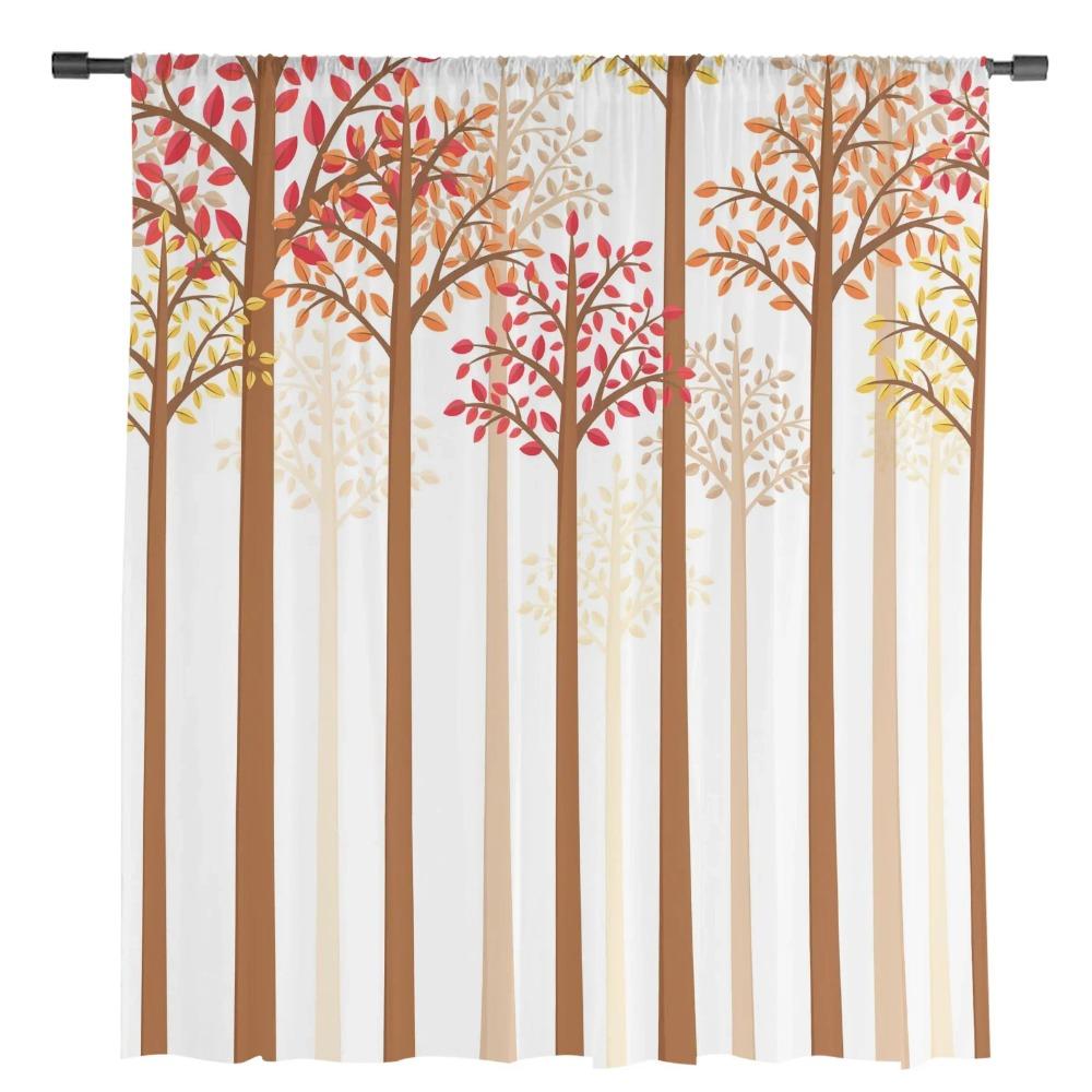 Cortinas Traslúcidas de Tronco de Árbol de Hojas de Otoño para Decoración de Dormitorio Sala de Estar Cortina de Ventana para Cocina Cortinas de Tul Voile Organza