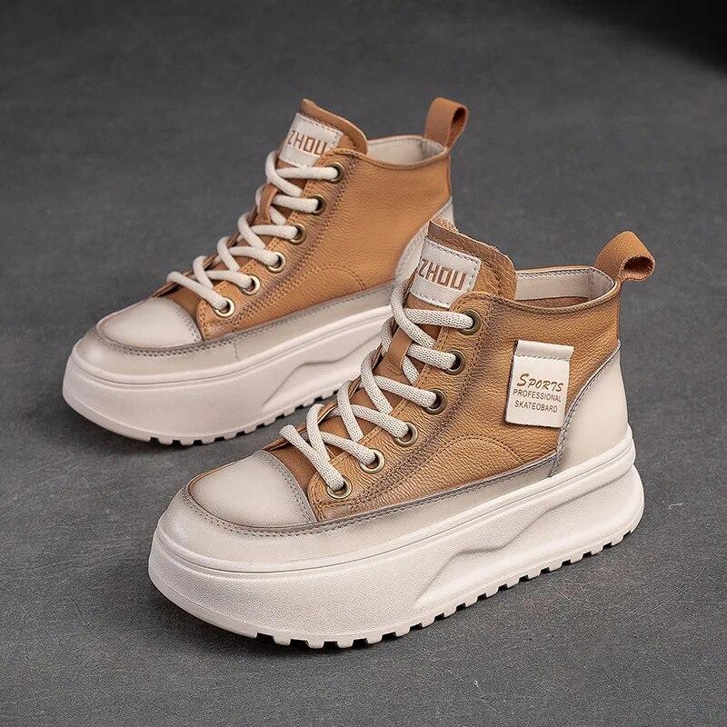 Johnature Flache Plateauschuhe aus echtem Leder zum Schnüren mit dicker Sohle, lässige, vielseitige Damenschuhe aus Rindsleder