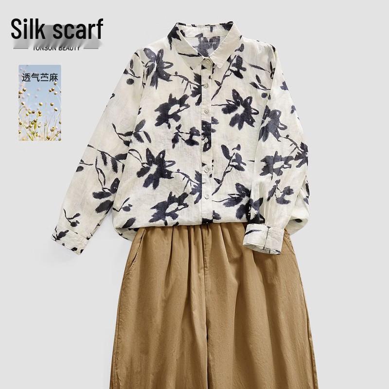 Women s Floral Linen Long Sleeve Shirt M
