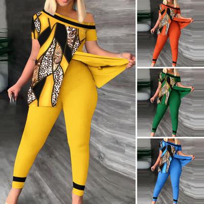 2 pièces/ensemble femmes haut pantalon ensemble imprimé léopard une épaule fendu ourlet manches courtes Clubwear femmes tenue d'été vêtements féminins