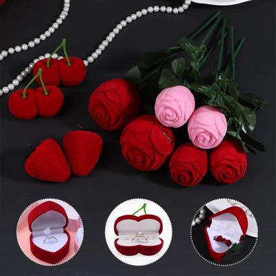 1/2Pcs Velvet Flocked Ring Box with Rose Heart Strawberry Design, Elegant Jewelry Case for Valentine, Christmas & Wedding Gifts
