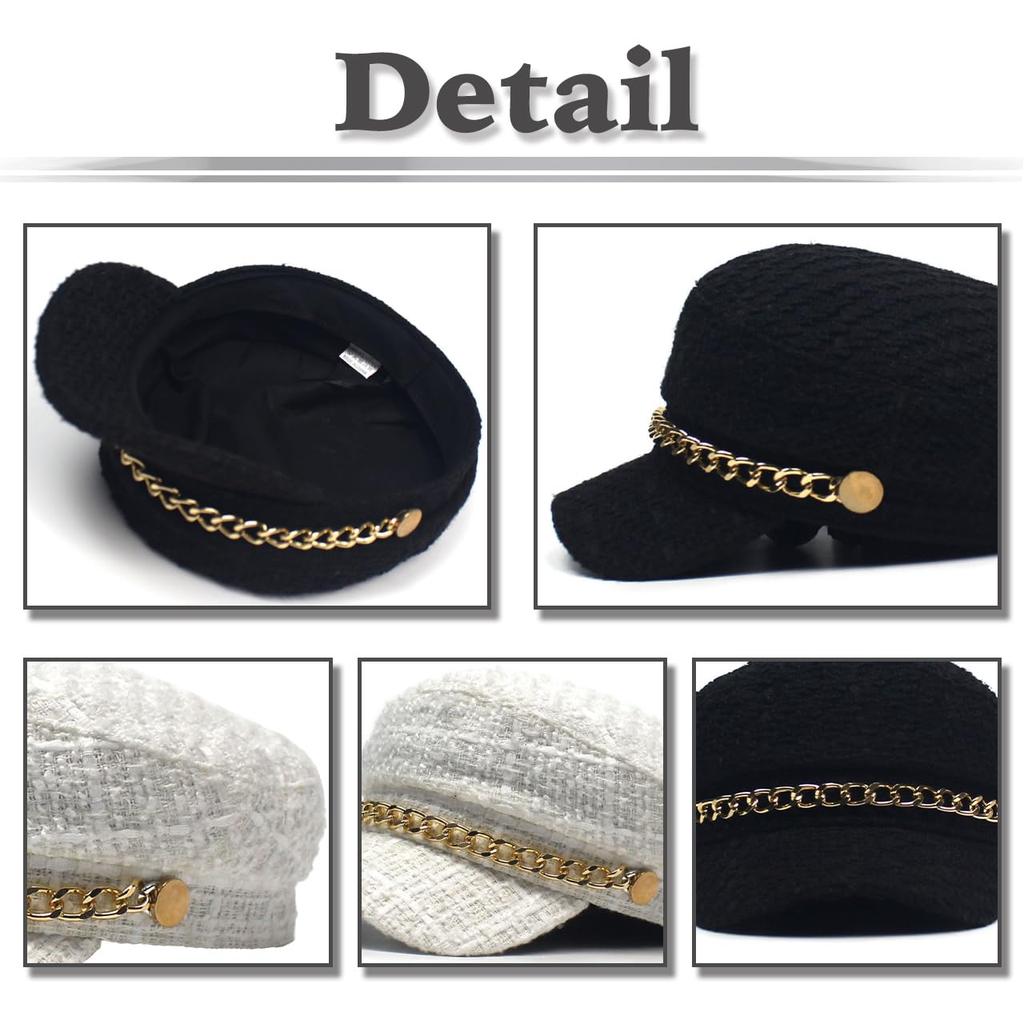 Marine Cap Tweed Newsboy Cap Black White Hat for Going Out Travel CZ308 [White Fang] Women's (White)