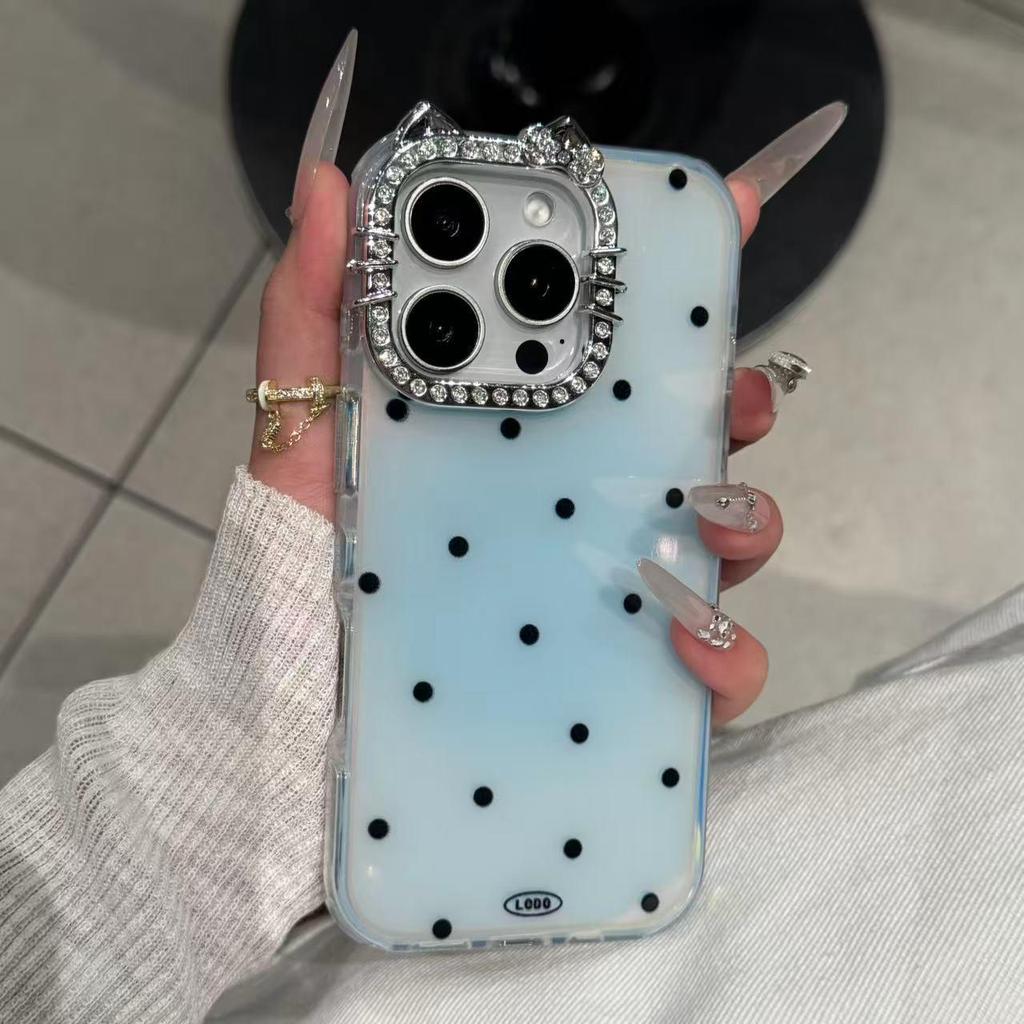 INS Style Full-Screen Polka Dot Cat Lens Case for iPhone 17/16 Pro Max - Simple Design for iPhone 15/13