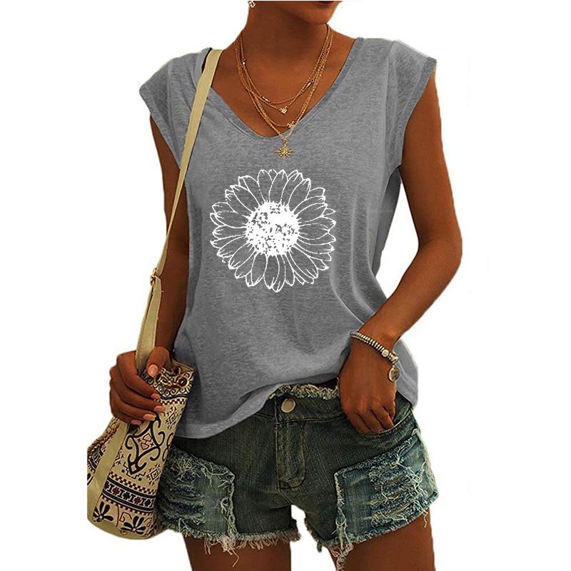 2023 Trendy Women's V-neck Print Cap Sleeve Loose T-shirt Top