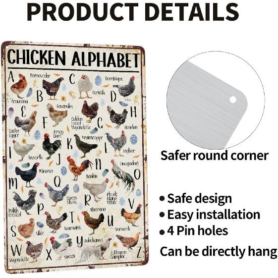 JOCASA Chicken Alphabet Vintage Metal Poster Farm Sign Decor-Retro Aluminum Metal Tin Sign for Home Wall Decor, Kitchen Farmhouse Country Farm Barn,
