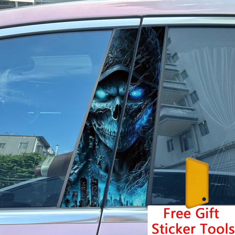 2Pcs/set Skull Skeleton Ghost Car Center Pillar Sticker Halloween Auto B Pillar Protective Film Decoration Scratch Cover Sticker