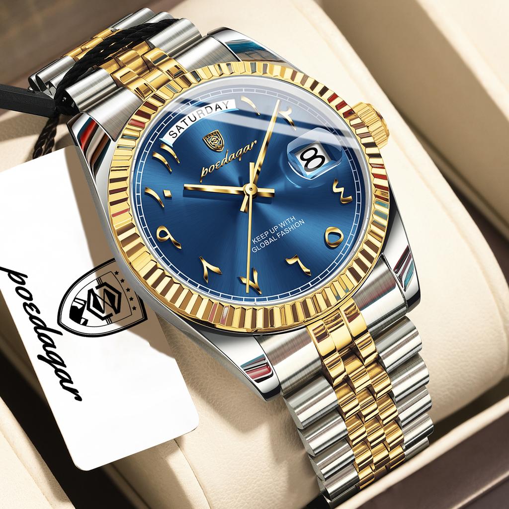 POEDAGAR Fashion High Quality Men Clock Waterproof Date Week Watch for Man Stainless Steel Luxury Quartz Watches + Box