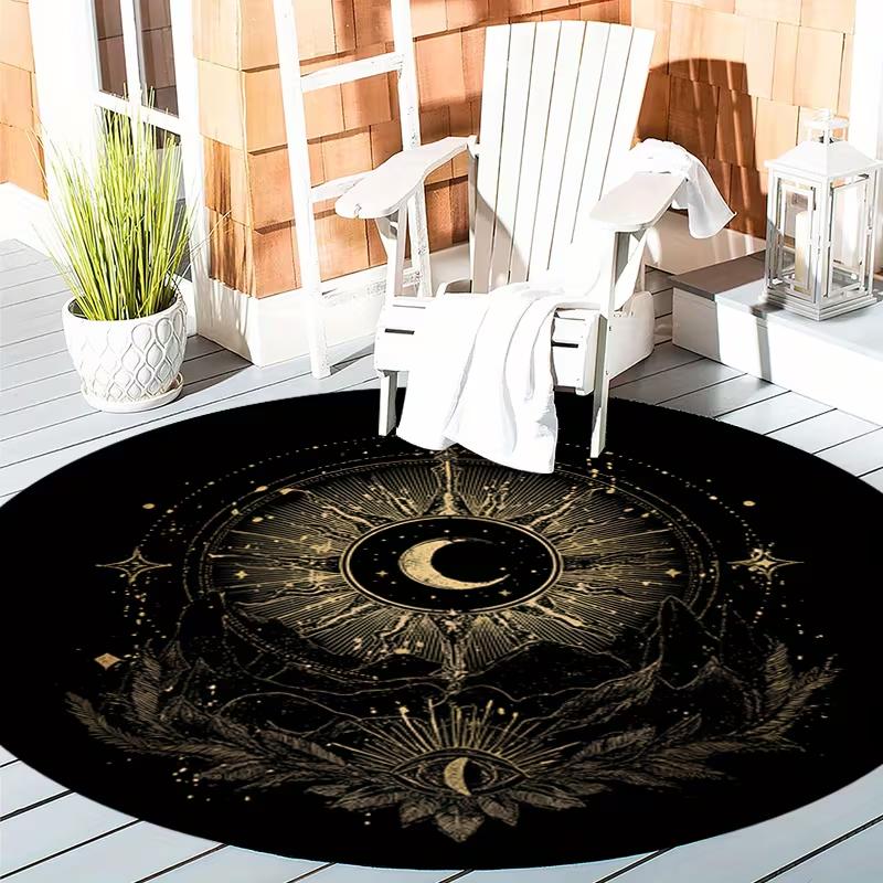 Mystical Black Cat Moon Round Area Rug Celestial Starry Sky Witchy Cat Mat Soft Non-Slip Gothic Carpet for Living Room Bedroom
