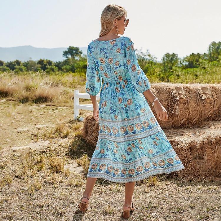 Kvinner Bohemia Blomstermønstret Kjole Vår Sommer A-linje V-hals Høy midje Halv erme Midt på leggen Blå Rosa Rose Rød Størrelser S-XL