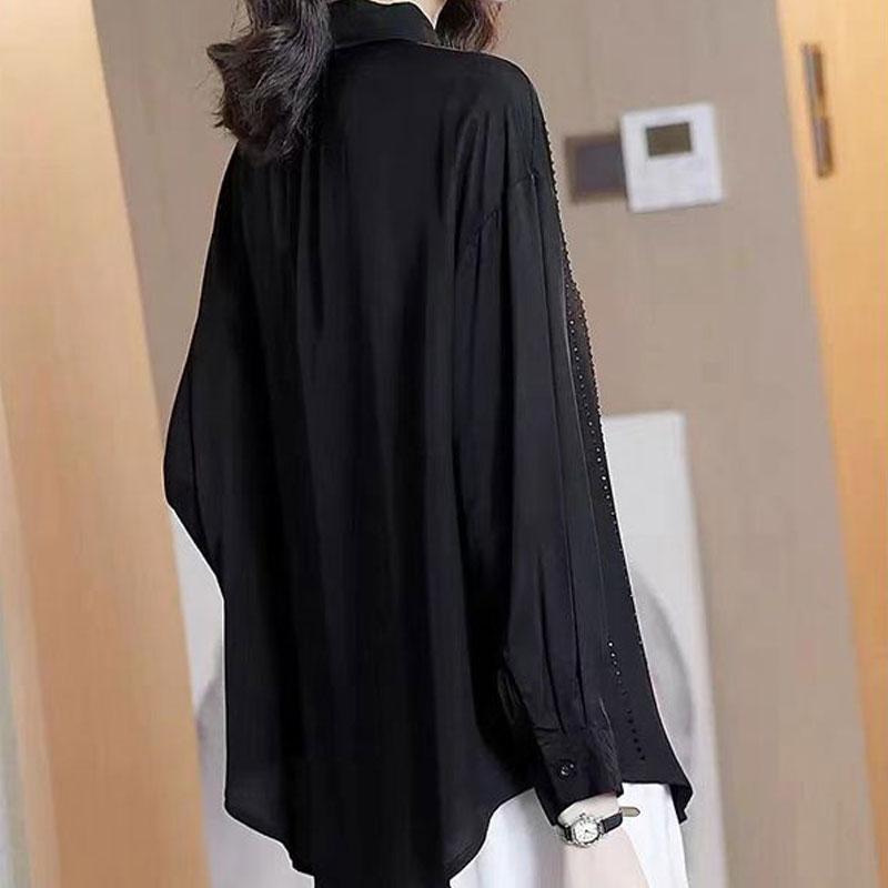 Female Clothing Korean Loose Shirt Polo-Neck Casual Fashion Single-breasted Diamonds Spring Autumn Commute Long Sleeve Blouse