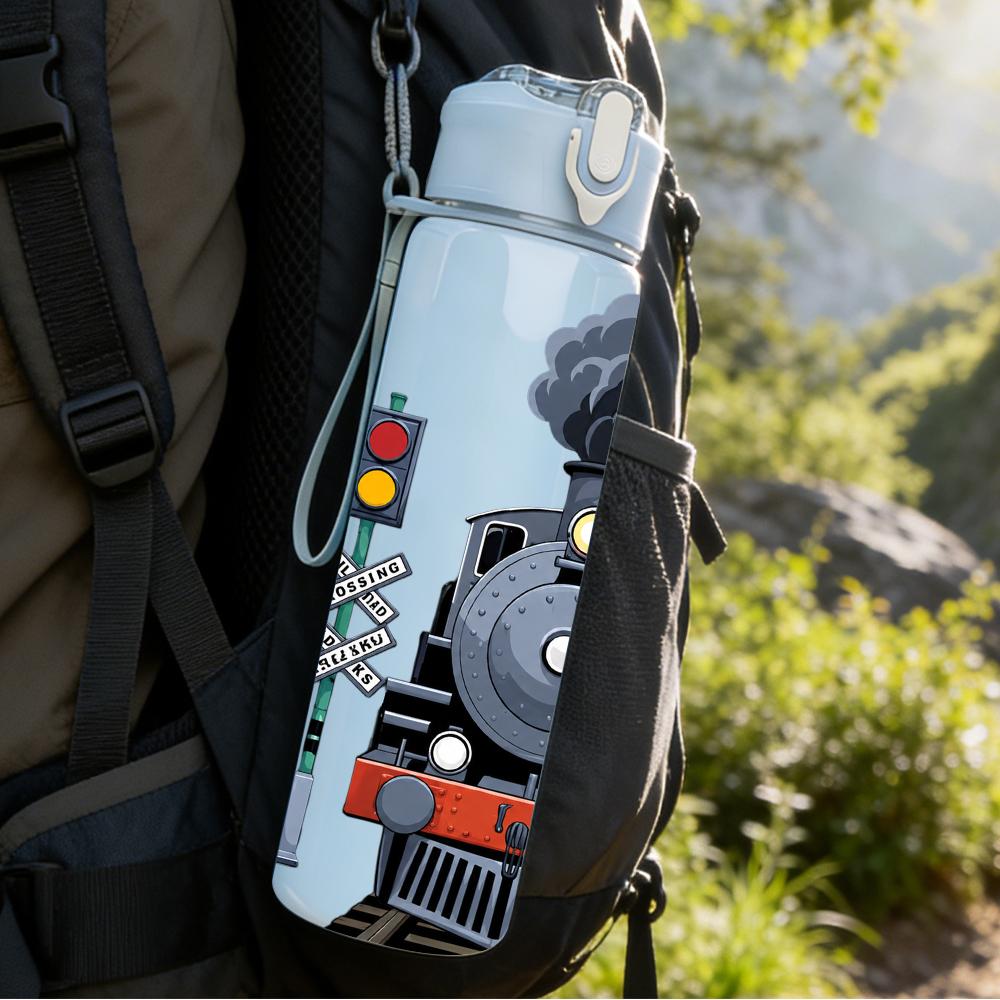 1PC Vintage Steam Train Graphic 750ml Color Plastic Water Bottle Leakproof Flip Straw Lid For Sports Office Home Use
